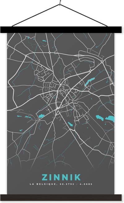 Posterhanger incl. Poster 40x60 cm - Schoolplaat - België – Zinnik – Stadskaart – Kaart – Blauw – Plattegrond - Textielposter - Zwarte latten - Stadskaart