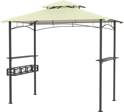 Barbecue Paviljoen 245 x 153 x 250 cm Vlamvertragend BBQ Tuinpaviljoen Met Zonbescherming Dubbel Dak en Planken Vrijstaand Tuinpaviljoen Set Balkon Buitenkeuken voor Feest, Marktkraam (Beige) NAIZY