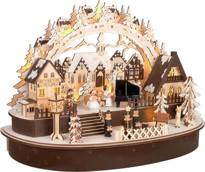 BRUBAKER 3D-lichtboog, led-lichtboog, het grote concert in het kerstdorp 2024, kerstverlichting van natuurlijk hout, 31 x 45 x 22 cm, handbeschilderde kerstdecoratie voor tafel en vensterbank