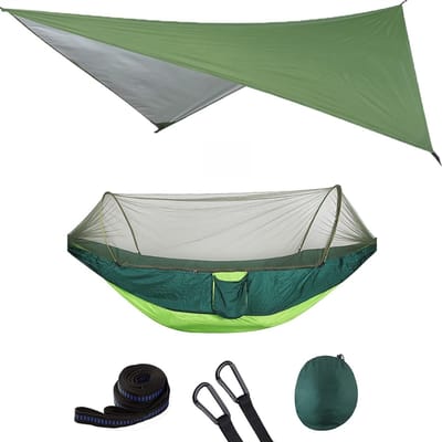 Hangmat met luifel - Kampeerbed - Buiten ontspannen - Snelle installatie - 250 x 120 cm - Legergroen