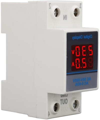 Digitale Voltmeter en Amperemeter voor DIN Rail, AC 50-500V, 0-63A, Dubbele LED Display, Compact 84x37mm, IP20, Ideaal voor Elektrische Installaties