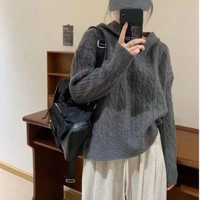 Trui met capuchon Dames Herfst Winter Vintage effen trui met lange mouwen Casual dikker gebreide effen truien One Size