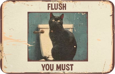 WC mat 60x40 cm - Antislip - Kat - Vintage - Zwart - Quote - Flush you must - Toiletmat - Vloermat - Douchemat - Toilet tapijt - Toiletmatten
