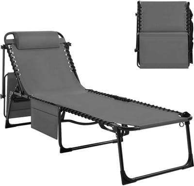 CORE Tuinstoel - Opbouwbare ligstoel - Luxe Ligbed - Met zonnescherm - Strandbed - Met afneembare hoofdsteun - 188x58x80 - Grijs