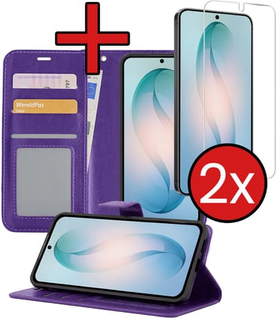 Hoesje - Met 2x Screenprotector - Geschikt voor Samsung Galaxy S26 - Luxe Pasjeshouder - Flip Case - Bookcase Portemonee - Kunstleer Book Case - Flipcase Hoes - Book Cover - Walletcase - Portemonneehoes - Telefoonhoes - Paars