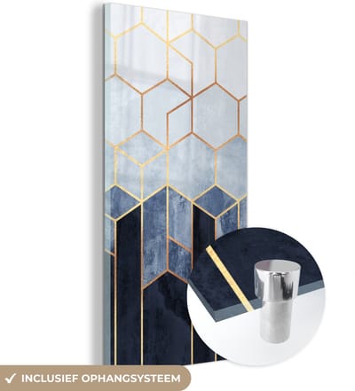MuchoWow® Glasschilderij 60x120 cm - Schilderij acrylglas - Hexagon - Gold - Luxe - Patronen - Foto op glas - Schilderijen