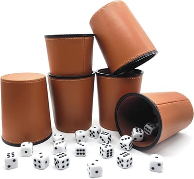 Set van 6 Leren Dobbelbekers met 36 Dobbelstenen (16mm) voor Feest, Spellen en Bar Activiteiten