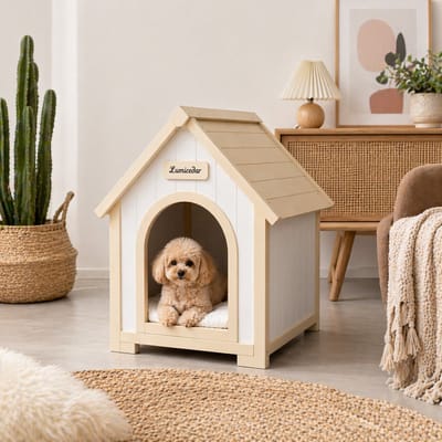 Hondenhok Binnen - Kattenhuis Hout - Indoor Hondenhuis - Dierenhuisje - Massief Hout - A-Frame - Met Kussen - Ademend - Binnen - 60x55x70 cm - 1 Stuk - Wit