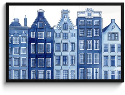 Poster in lijst - Fotolijst 90x60 cm - Posters - Aquarel - Grachtenpanden - Delfts - Blauw - Posterlijst zwart - Decoratie - Wanddecoratie woonkamer - Muurdecoratie slaapkamer