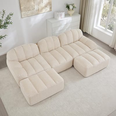 BLACKCOLORS Modulaire U-vormige 3-zitsbank met 2 chaise longues, Boneless-bank met 32D-schuim met hoge dichtheid, diepe zitting, ideaal voor de woonkamer, zachte stof, Beige Wit