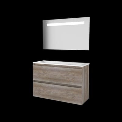 Basic-Line Economic 39 Badkamermeubelset - Ondiep - 100 x 39 cm - Greeploos - 2 Lades - Acryl Wastafel - Zonder Kraangat - Spiegel met LED Verlichting - Scotch Oak