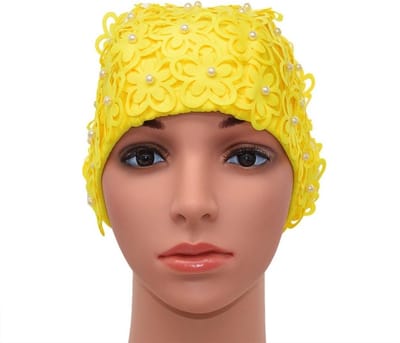 Handgemaakte Hollow Floral Parels Dames Zwemcap voor Zwemmen, Zomer Activiteiten en Strandplezier (Geel)