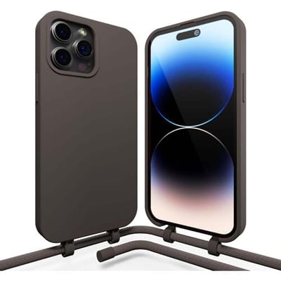 Coverzs Silicone case met koord - Telefoonhoesje met koord - Backcover hoesje met koord - touwtje - geschikt voor Apple iPhone 14 Pro - koffiezwart