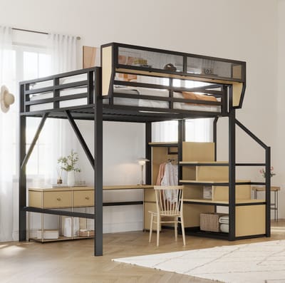 MEUNIQ Hoogslaper 140x200 cm met veiligheidsladder en flexibel opbergvak, metalen bedframe met MDF details, 255 x 145 x 191 cm, zwart