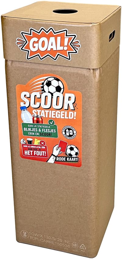 PETflesjes en blikjes inzamelbak statiegeld – EK/WK Oranje Editie – Afvalbox “GOAL” Voor Horeca, Sportclubs, Scholen, Bedrijven & Thuis