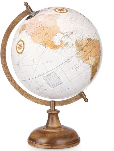 Arte R Decoratie Wereldbol / globe - wit - houten voet - D21 x H32 cm - landen topografie