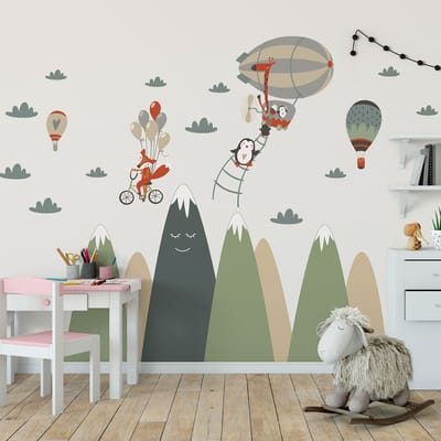 Kinderstickers met Scandinavische bergen en acrobatische dieren, 40 x 60 cm