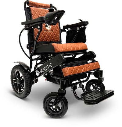 COMFYGO IQ-8000 Elektrische rolstoel, Lichtgewicht, Draadloze afstandsbediening, Handmatig opvouwbaar, Niet achterover leunen, 12AH Li-ion, tot 20km, 51cm, Zwart frame & Taba leer textiel