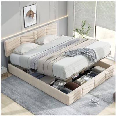 Lit capitonné - MUVOE - 140x200 cm - Tête de lit réglable - Velours beige - 2 places beige