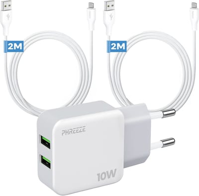 Phreeze usb oplader 10 W - Geschikt voor iPhone en iPad met Lightning kabel 2m - Dubbele usb poorten - 2 kabels meegeleverd