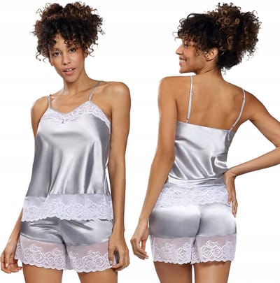 Korte satijnen pyjama - Prachtige shortama met kant - DKaren - Isabella - silver XS