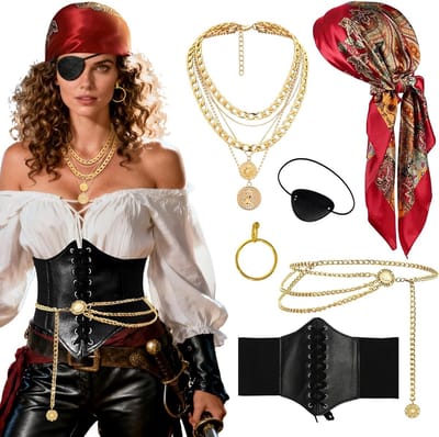Zesdelige Piratenkostuum Accessoires voor Vrouwen, inclusief Bandana, Oorbellen, Korset, Tailleketting en Ooglapje voor Carnaval en Halloween Feesten