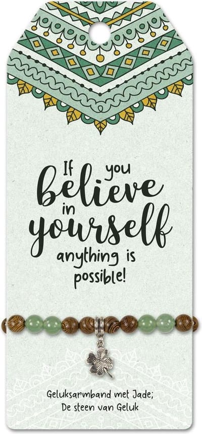 Armband - Believe in yourself - klaver -  Jade - op cadeaukaart