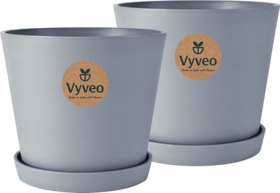 Vyveo - Bloempot Norden met onderzetter - Set van 2 - 12x11 - Donkergrijs - Bloempot voor binnen en buiten - Lichtgewicht - Breukbestendig - Vorstbestendig - UV-bestendig