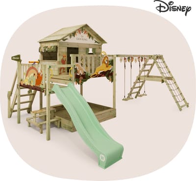 Wickey Disney's De Leeuwenkoning Saga Speeltoestel - Dubbele schommel met Glijbaan en Klimaanbouw - Speelhuis & Picknicktafel - 558x465x307 cm - Pastelgroen