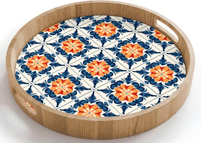 Dienblad rond 40x40 cm - Schootdienblad hout - Traditioneel - Tegel - Oranje - Borrelplank rechthoek - Plateau houten dienbladen