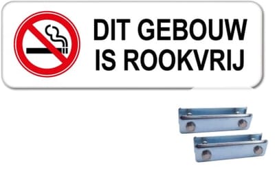 Bord Rookvrij gebouw - Weerbestendig Aluminium - 40x15 cm - Bevestiging: Met hekbeugels (voor spijlen- of gaashek)