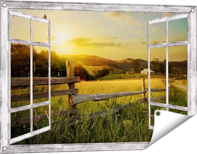 Gards Tuinposter Doorkijk Boerderij Hekken op het Grasveld - 90x60 cm - Tuindoek - Tuindecoratie - Wanddecoratie buiten - Tuinschilderij