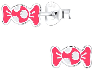 Joy|S - Zilveren snoepje oorbellen - roze met witte stipjes - 8 x 5 mm