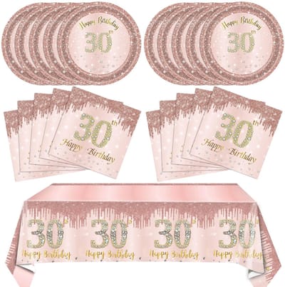 longziming -30e Verjaardag Set - Partybestek - Happy 30. Birthday Opdruk met Diamantmotieven - Voedselveilige BPA-vrije Kunststof - Elegante Roségoud Afwerking voor Vrouwen - 24 stuks