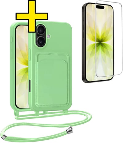 Hoesje Geschikt voor iPhone 17 Telefoonhoesje Met Koord Case Pashouder Met Screenprotector Siliconen - Hoes Geschikt voor iPhone 17 Hoesje Met Kaarthouder - Groen