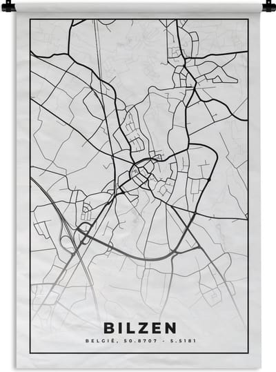 Wandkleed - Wanddoek - Stadskaart – Plattegrond – België – Zwart Wit – Bilzen – Kaart - 120x180 cm - Wandtapijt
