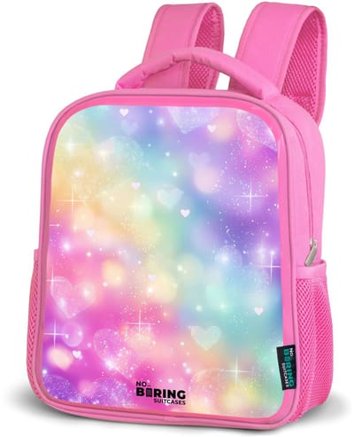 NoBoringSuitcases.com® - Rugzak roze - Schooltas meisjes - Licht - Regenboog - Hartjes - Kinder rugtas meisje - Boekentas kind - Kinderrugzak voor school - Schoolrugzak