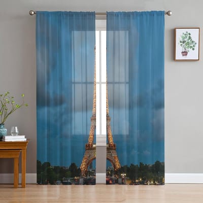 Parijs Frankrijk Stadsgezicht Met Eiffeltoren Zonsondergang Chiffon Doorzichtig Gordijn voor Woonkamer Slaapkamer Raam Voiles Tule Gordijn 135W x 114H(cm)