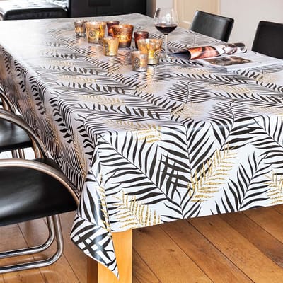 Bellatio Design Tafelkleed - wit/zwarte/goud - bladeren - 140 x 180 cm