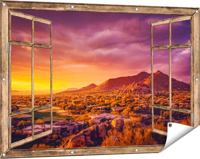 Gards Tuinposter Doorkijk Woestijn Landschap met Zonsondergang - 120x80 cm - Tuindoek - Tuindecoratie - Wanddecoratie buiten - Tuinschilderij