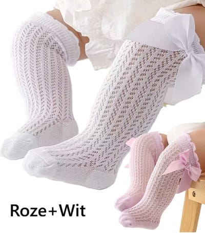 Meisjessokken met Grote Strik – Maat S (0–12 maanden) – 2 Paar – Wit & Roze – Ademend Mesh – Katoenmix – Kniehoog – Zachte Babysokken – All Season