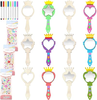 Houten Prinsessen Spiegel - Knutselspiegel Set - Kinder Knutselen - Inclusief Versiering - 12 Stuks - Niet Van Toepassing