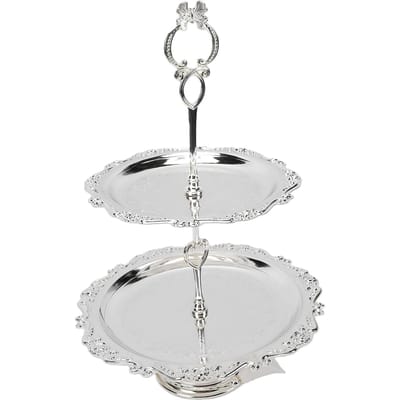 Support à Desserts Double Couche avec Bordure en Dentelle Décoration Style Européen Plateau de Service de Mariage Hôtel Présentoir pour Fruits Secs et Snacks argenté