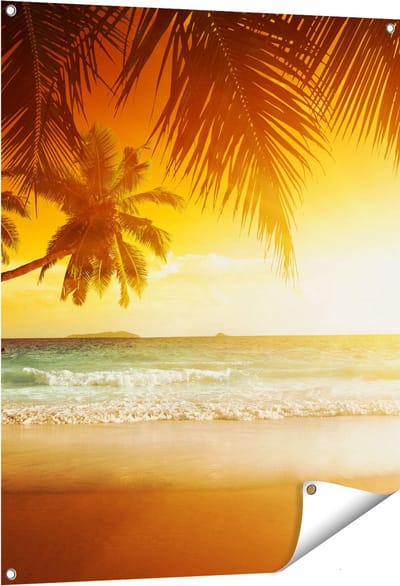 Gards Tuinposter Tropisch Strand tijdens Zonsondergang - 80x100 cm - Tuindoek - Tuindecoratie - Wanddecoratie buiten - Tuinschilderij