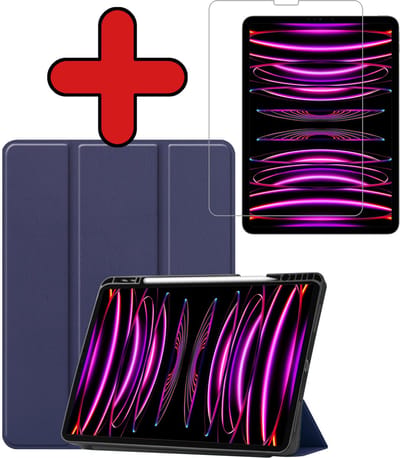 Hoesje - Geschikt voor Apple iPad Pro (2022) - 12.9 inch - Met Screenprotector - Trifold Bookcase Hoes - Hard Cover Case - Met Uitsparing Geschikt voor Apple Pencil - Hardcover Book - Tablethoes - Donkerblauw