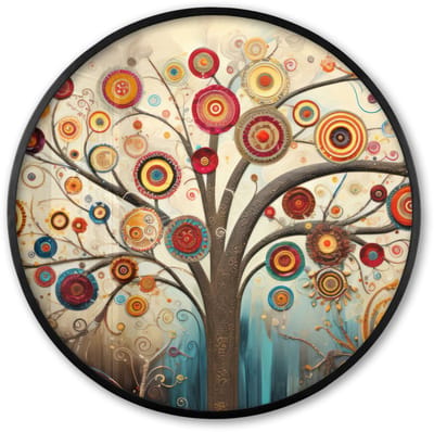 Poster in lijst Rond - Fotolijst 60x60 cm - Posters - Boom - Abstract - Kleur - Levensboom - Bohemian - Ronde posterlijst zwart - Decoratie - Wanddecoratie woonkamer - Muurdecoratie slaapkamer