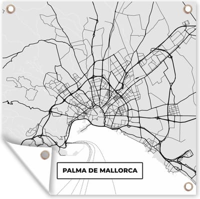 Tuin poster Mallorca - Stadskaart - Zwart Wit - Plattegrond - Kaart - 200x200 cm - Tuindoek