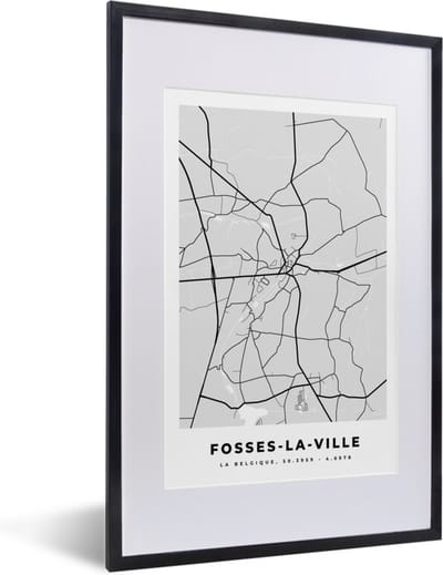 Fotolijst incl. Poster Zwart Wit- Stadskaart – Plattegrond – België – Zwart Wit – Fosses la Ville – Kaart - 40x60 cm - Posterlijst