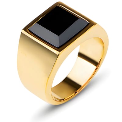 Klassieke Zegelring Heren Goud Kleurig met Zwarte Steen - Heren Ring - Ringen Mannen - Papa Cadeau Voor Mannen - Vaderdag