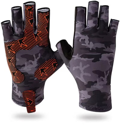 Camo zwart, S/M Vishandschoenen-halfvingerig-UV-bescherming-antislip-zonwerend-buitensport-havissen en sportvissen accessoire